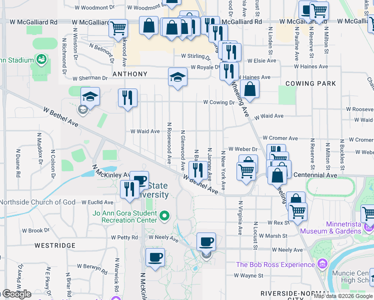 map of restaurants, bars, coffee shops, grocery stores, and more near 1900 North Glenwood Avenue in Muncie