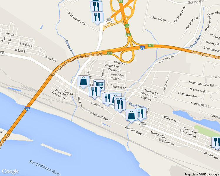 map of restaurants, bars, coffee shops, grocery stores, and more near 233 Market Street in Highspire