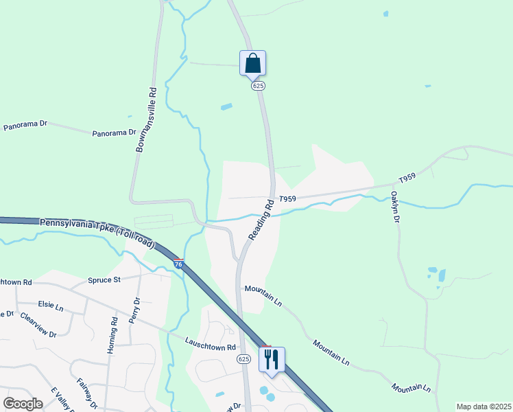 map of restaurants, bars, coffee shops, grocery stores, and more near 115 Meadowlark Lane in Mohnton