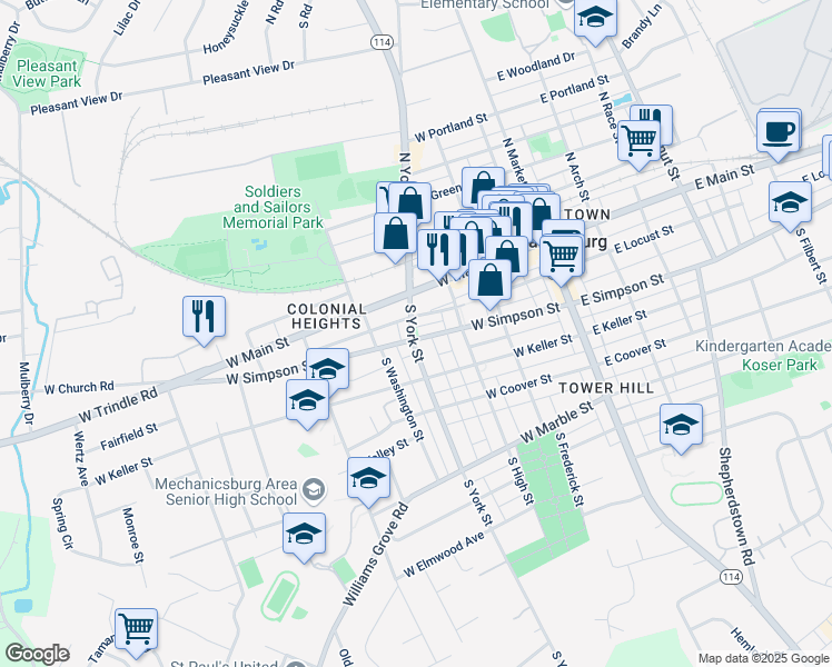 map of restaurants, bars, coffee shops, grocery stores, and more near 240 West Simpson Street in Mechanicsburg