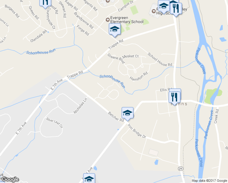 map of restaurants, bars, coffee shops, grocery stores, and more near 1129 Cornwallis Way in Collegeville