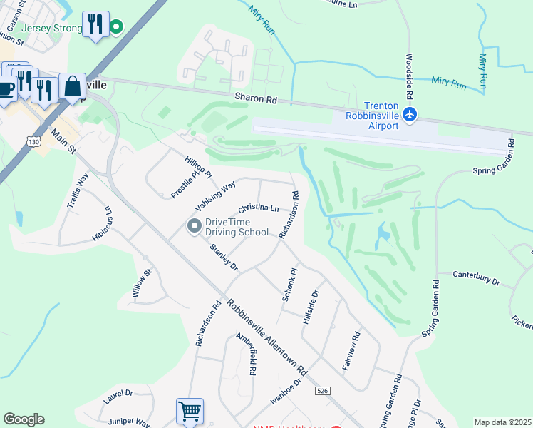 map of restaurants, bars, coffee shops, grocery stores, and more near 26 Christina Lane in Robbinsville Township