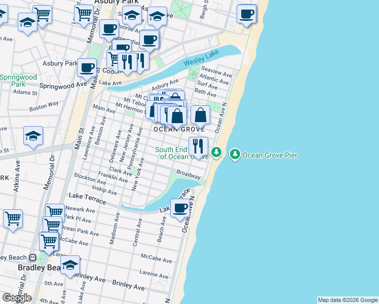 map of restaurants, bars, coffee shops, grocery stores, and more near 20 Embury Avenue in Neptune Township