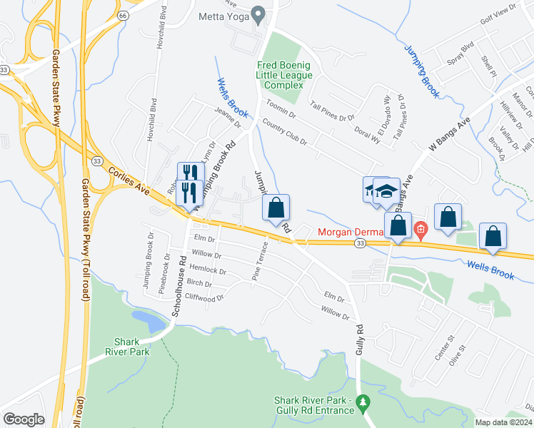 map of restaurants, bars, coffee shops, grocery stores, and more near 11 Jumping Brook Road in Neptune City