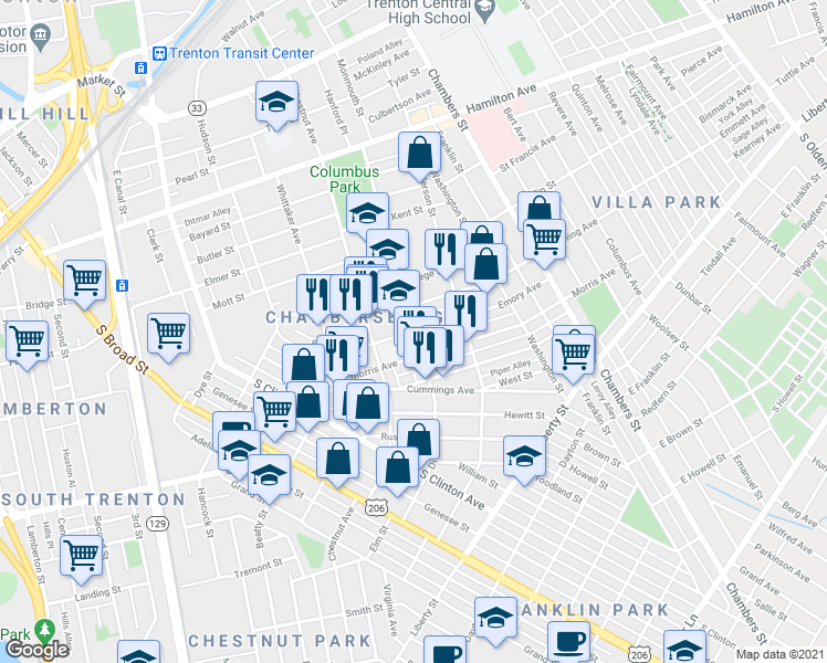 map of restaurants, bars, coffee shops, grocery stores, and more near 331 Emory Avenue in Trenton