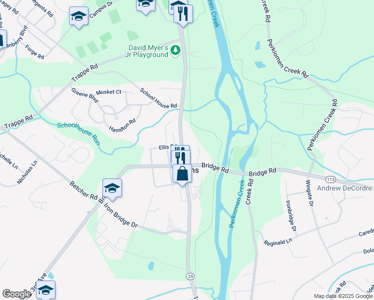 map of restaurants, bars, coffee shops, grocery stores, and more near 260 Gravel Pike in Collegeville