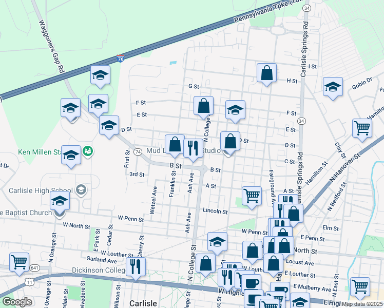 map of restaurants, bars, coffee shops, grocery stores, and more near 330 C Street in Carlisle