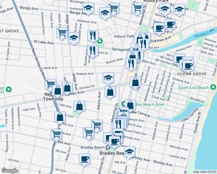 map of restaurants, bars, coffee shops, grocery stores, and more near 1155 Corlies Avenue in Neptune City