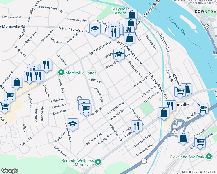 map of restaurants, bars, coffee shops, grocery stores, and more near 433 Jefferson Avenue in Morrisville