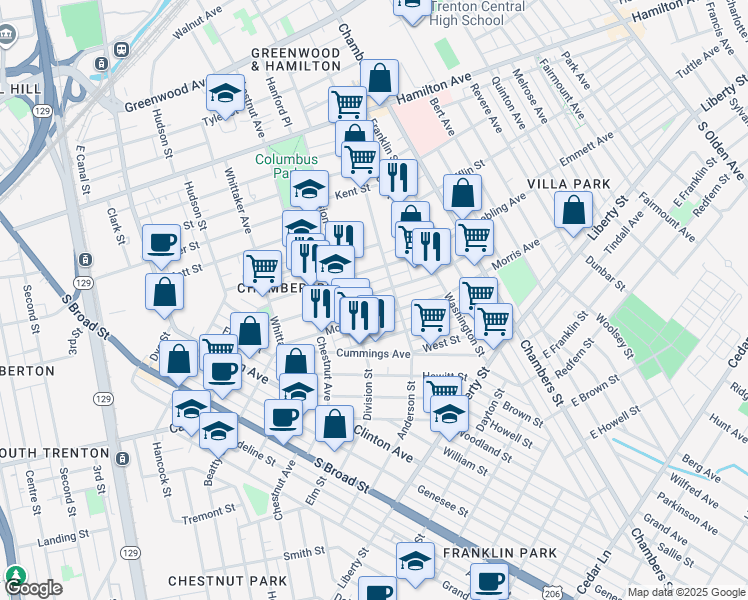 map of restaurants, bars, coffee shops, grocery stores, and more near 433 Emory Avenue in Trenton