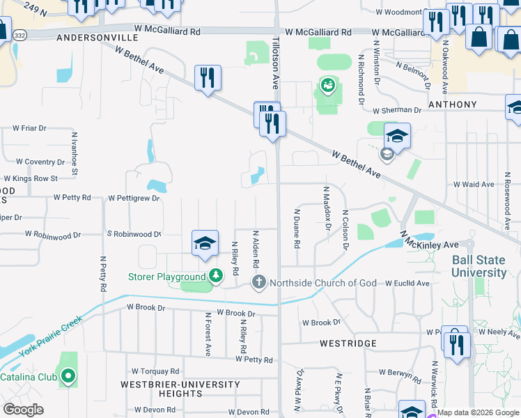map of restaurants, bars, coffee shops, grocery stores, and more near 1911 N Tillotson Ave in Muncie