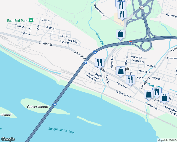 map of restaurants, bars, coffee shops, grocery stores, and more near 29 Jury Street in Highspire
