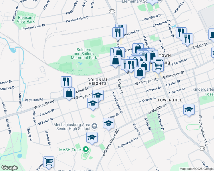 map of restaurants, bars, coffee shops, grocery stores, and more near 13 South Washington Street in Mechanicsburg