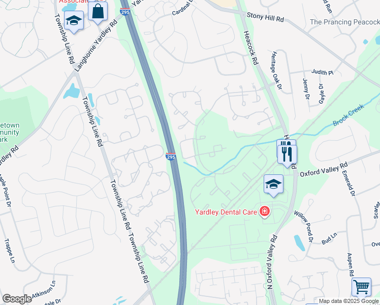 map of restaurants, bars, coffee shops, grocery stores, and more near 2608 Brookhaven Drive in Yardley