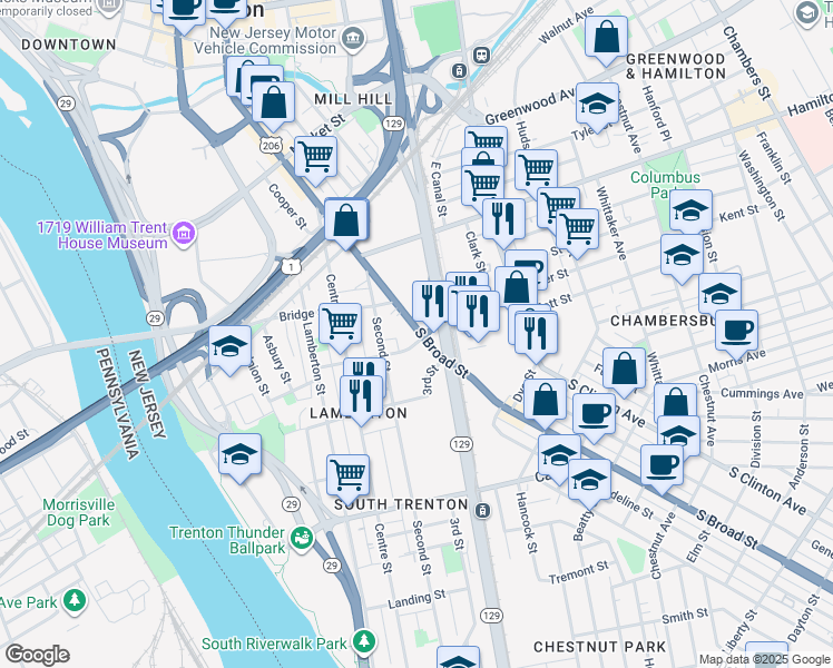 map of restaurants, bars, coffee shops, grocery stores, and more near 557 South Broad Street in Trenton