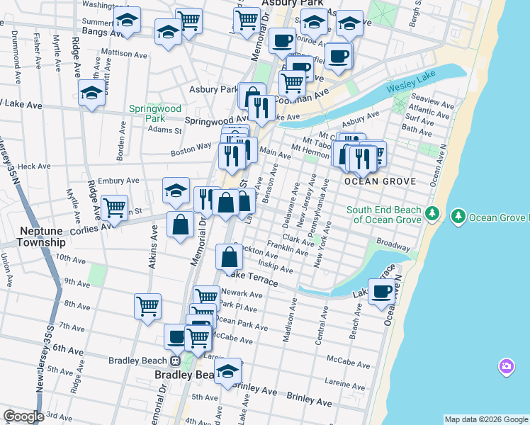 map of restaurants, bars, coffee shops, grocery stores, and more near 128 Broadway in Neptune Township