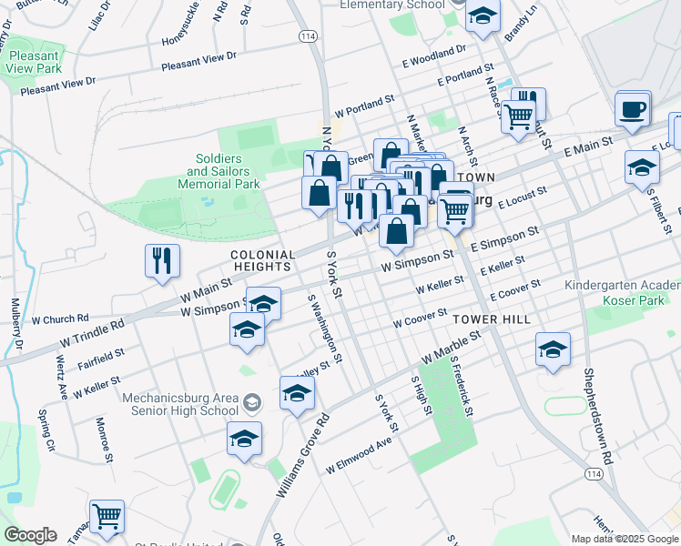 map of restaurants, bars, coffee shops, grocery stores, and more near 240 West Simpson Street in Mechanicsburg