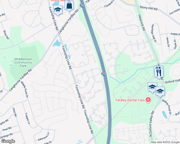 map of restaurants, bars, coffee shops, grocery stores, and more near 1807 Waterford Road in Yardley