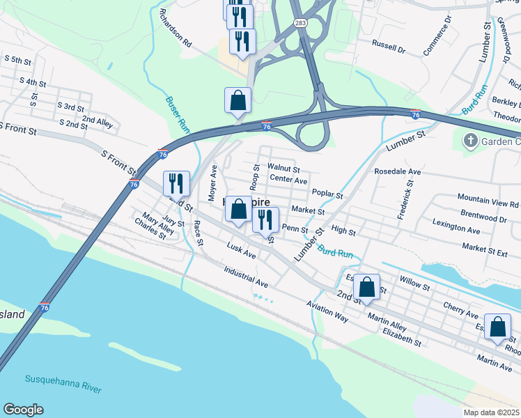 map of restaurants, bars, coffee shops, grocery stores, and more near 217 Market Street in Highspire
