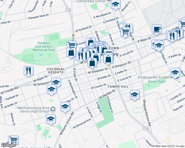map of restaurants, bars, coffee shops, grocery stores, and more near 135 West Simpson Street in Mechanicsburg