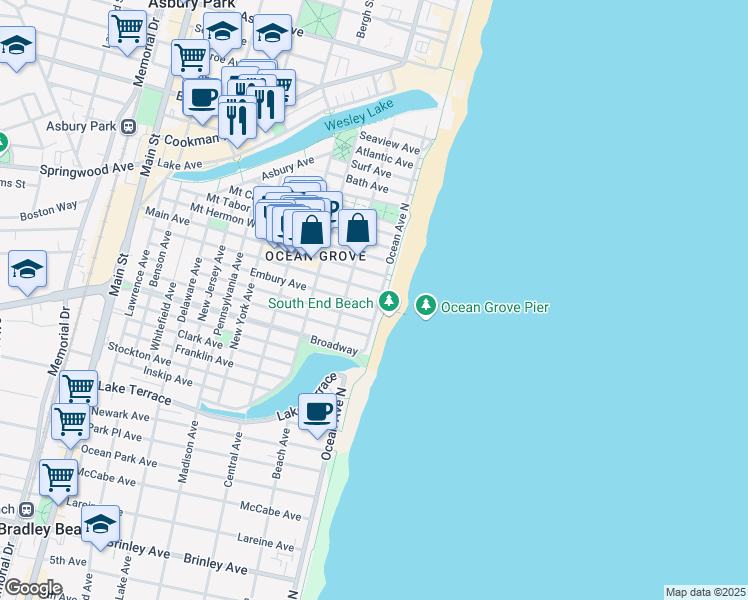 map of restaurants, bars, coffee shops, grocery stores, and more near 22 Ocean Avenue in Neptune Township