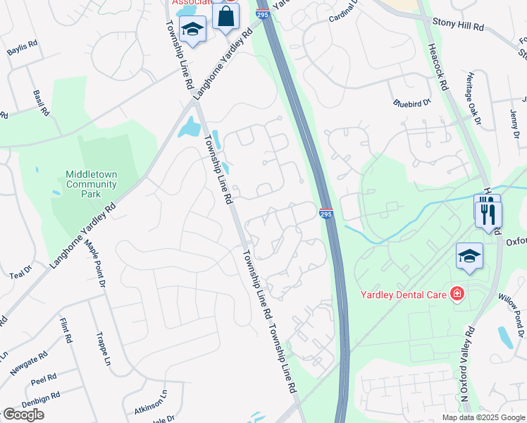 map of restaurants, bars, coffee shops, grocery stores, and more near 1501 Waterford Road in Yardley