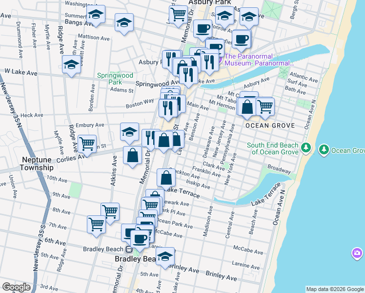 map of restaurants, bars, coffee shops, grocery stores, and more near in Neptune Township