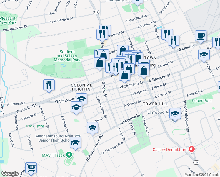 map of restaurants, bars, coffee shops, grocery stores, and more near 222 West Simpson Street in Mechanicsburg