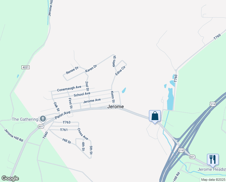 map of restaurants, bars, coffee shops, grocery stores, and more near 215 Keim Street in Hollsopple