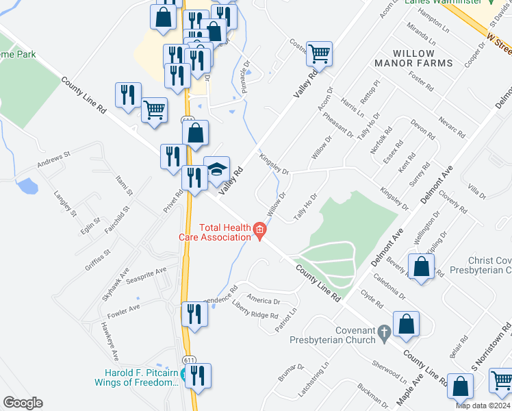 map of restaurants, bars, coffee shops, grocery stores, and more near 32 Tally Ho Drive in Warminster