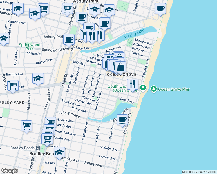 map of restaurants, bars, coffee shops, grocery stores, and more near 63 Abbott Avenue in Neptune Township