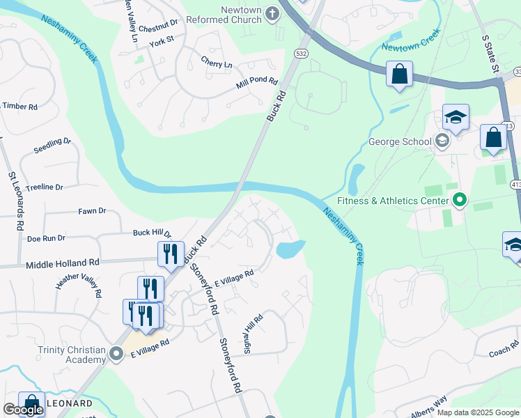 map of restaurants, bars, coffee shops, grocery stores, and more near Bromley Common in Bucks County