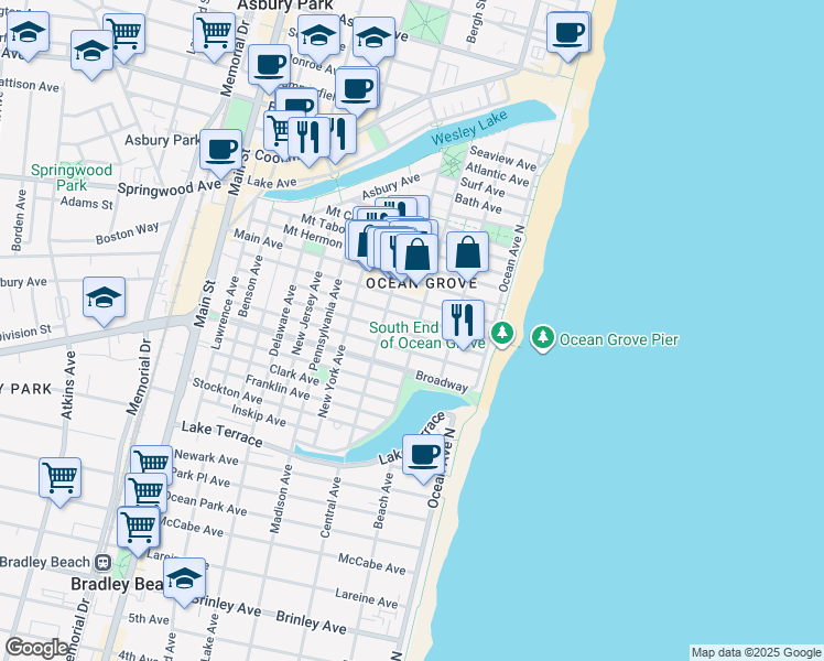 map of restaurants, bars, coffee shops, grocery stores, and more near 44 Webb Avenue in Neptune Township