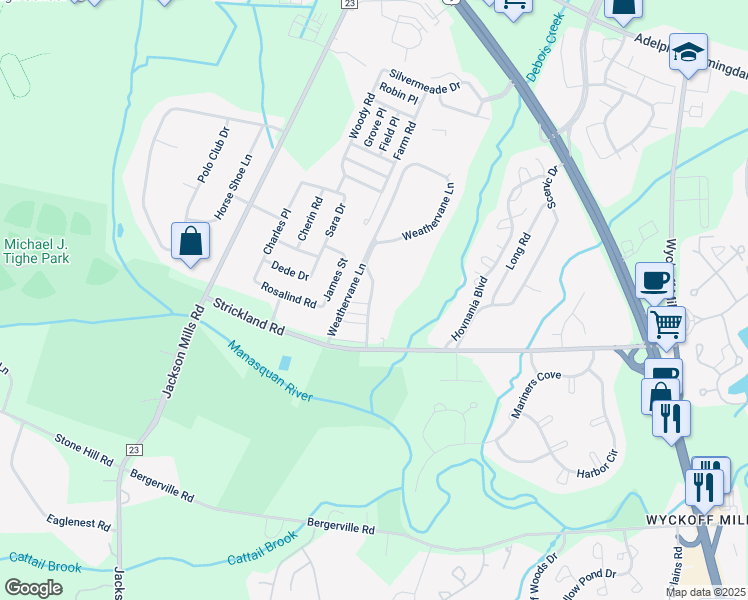 map of restaurants, bars, coffee shops, grocery stores, and more near 1201 Creamery Court in Freehold