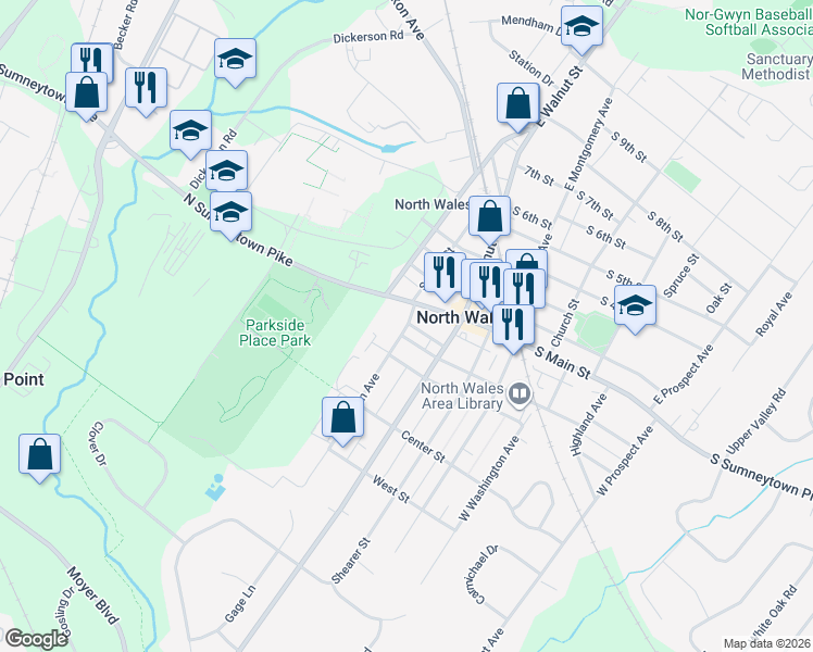 map of restaurants, bars, coffee shops, grocery stores, and more near 124 West Elm Avenue in North Wales