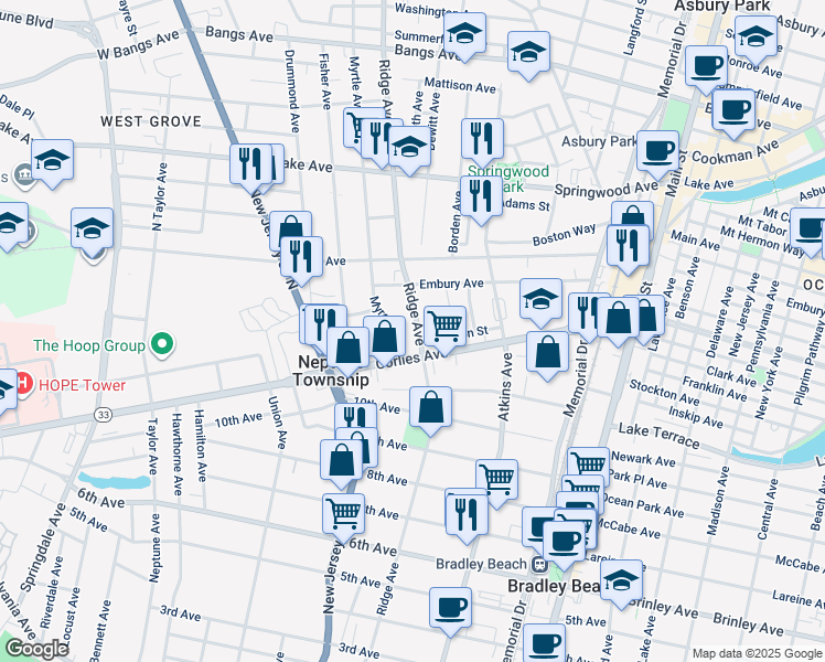 map of restaurants, bars, coffee shops, grocery stores, and more near 152 Division Street in Neptune City
