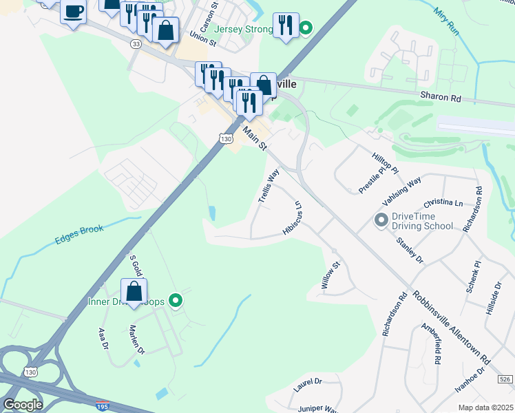 map of restaurants, bars, coffee shops, grocery stores, and more near 1 Grapevine Court in Robbinsville Township