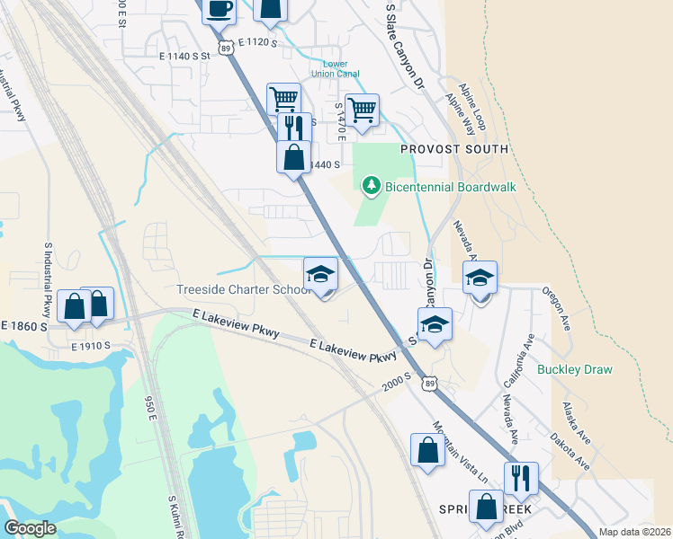 map of restaurants, bars, coffee shops, grocery stores, and more near 1353 East 1640 South in Provo