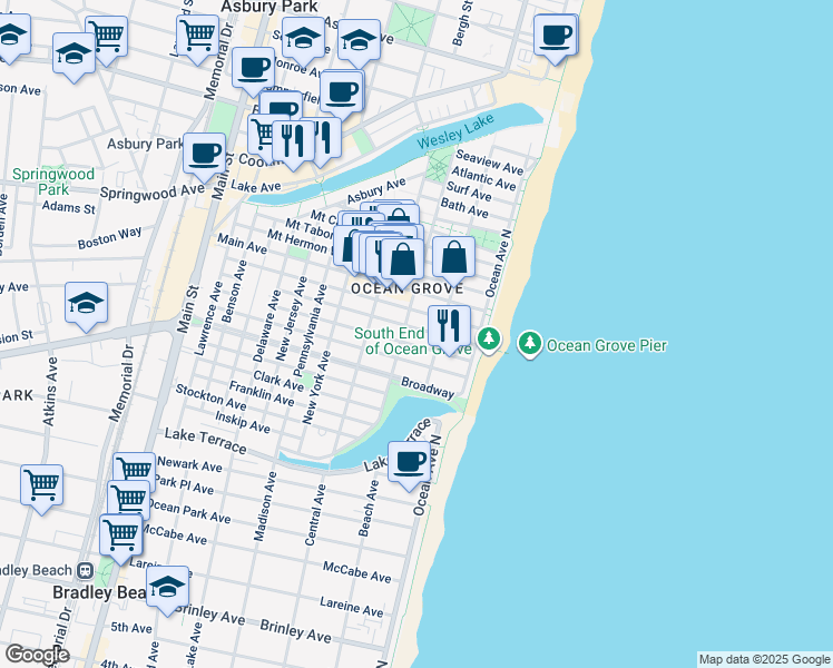 map of restaurants, bars, coffee shops, grocery stores, and more near 20 Embury Avenue in Neptune Township