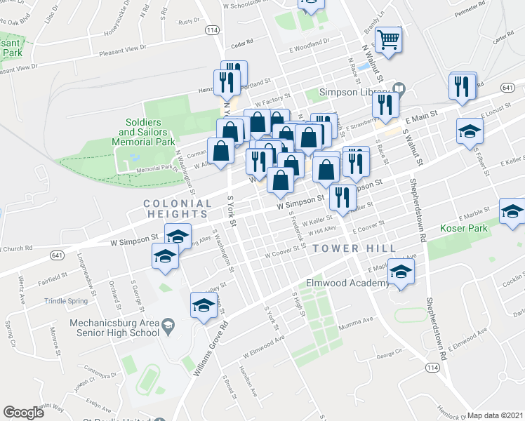 map of restaurants, bars, coffee shops, grocery stores, and more near W Simpson St & S High St in Mechanicsburg