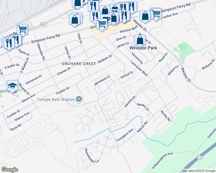 map of restaurants, bars, coffee shops, grocery stores, and more near 5438 Oxford Drive in Mechanicsburg
