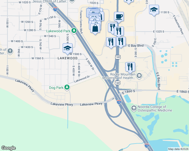 map of restaurants, bars, coffee shops, grocery stores, and more near 323 Lakewood Drive in Provo