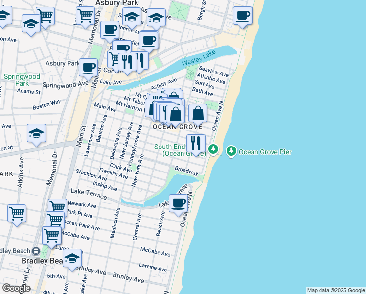 map of restaurants, bars, coffee shops, grocery stores, and more near 20 Embury Avenue in Neptune Township