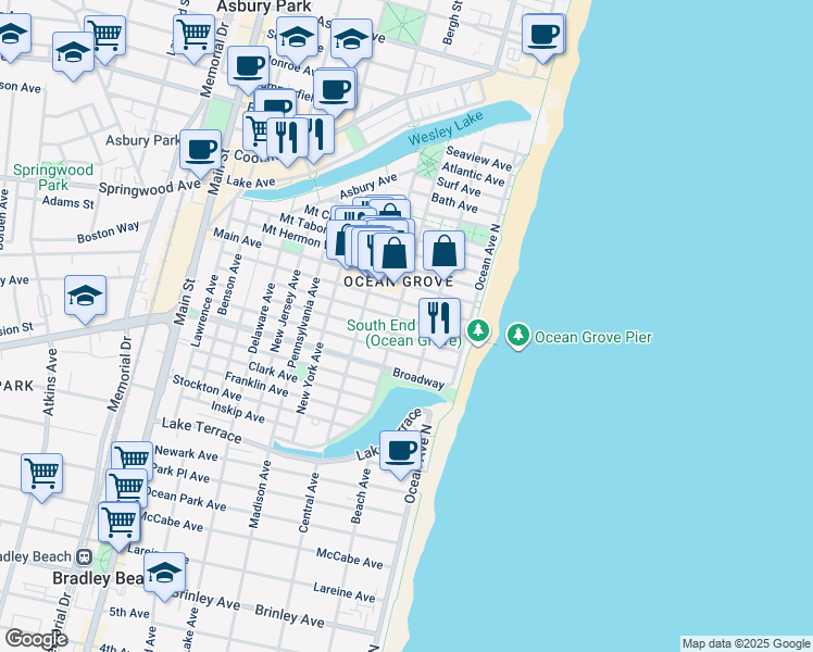map of restaurants, bars, coffee shops, grocery stores, and more near 20 Embury Avenue in Neptune Township
