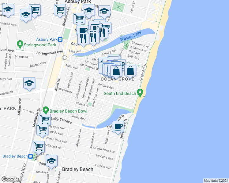 map of restaurants, bars, coffee shops, grocery stores, and more near 44 Webb Avenue in Neptune Township