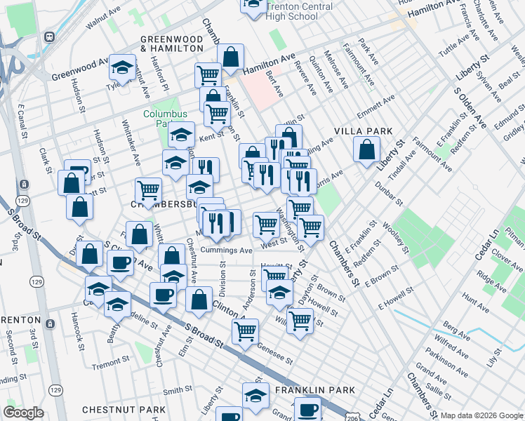 map of restaurants, bars, coffee shops, grocery stores, and more near 314 Morris Avenue in Trenton