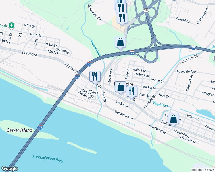 map of restaurants, bars, coffee shops, grocery stores, and more near 100 2nd Street in Highspire
