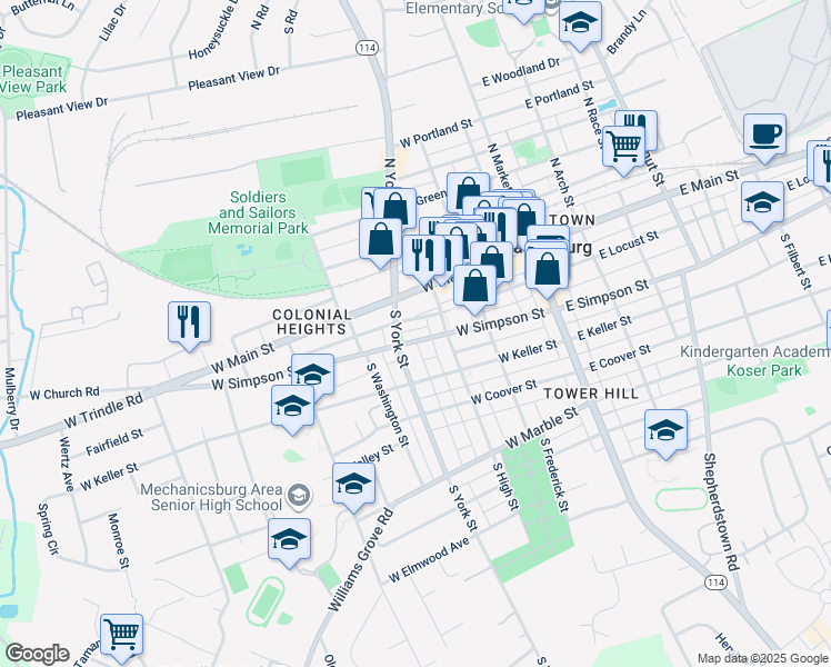 map of restaurants, bars, coffee shops, grocery stores, and more near 240 West Simpson Street in Mechanicsburg