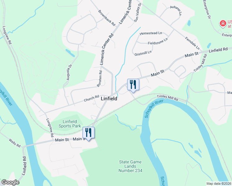 map of restaurants, bars, coffee shops, grocery stores, and more near 1146 Main Street in Royersford