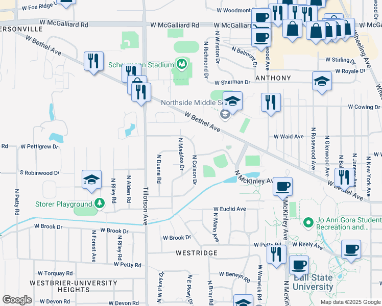 map of restaurants, bars, coffee shops, grocery stores, and more near 2001 North Colson Drive in Muncie